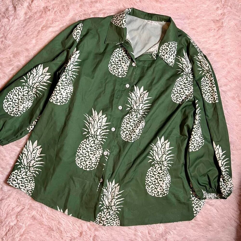 Green Pineapple Unique‎ Summer Lifestyle Upside Down Beachy California Button Up